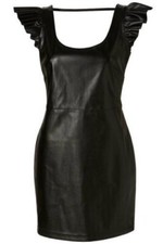 Women Black Genuine Lambskin Leather Short Dress Evening Event Party Wear Dress