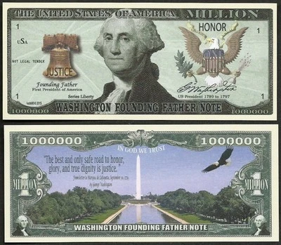 Washington Founding Father Million Dollar Bill Funny Money Note + FREE SLEEVE