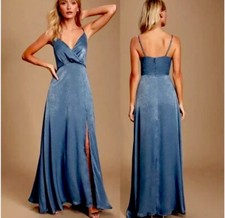 STUNNING Lulus XS Dress Constantine Slate Blue Satin Maxi Dress Retails 100 NEW