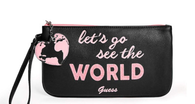 GUESS Black Pink Logo Travel Graphic Wristlet Pouch Bag, Lets Go.Free Shipping
