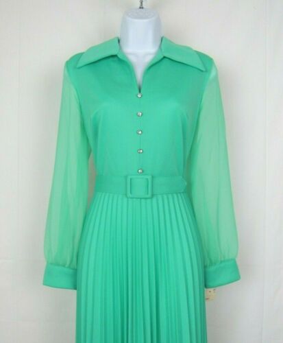 Abito da sera nuovo con etichette vintage anni 60 70 ESTEVEZ TAGLIA 14 VERDE MENTA CINTURA BOTTONI CRISTALLO - Foto 3 di 12