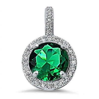 Sterling Silver Emerald White Sapphire and Diamond Halo Pendant Necklace 18"