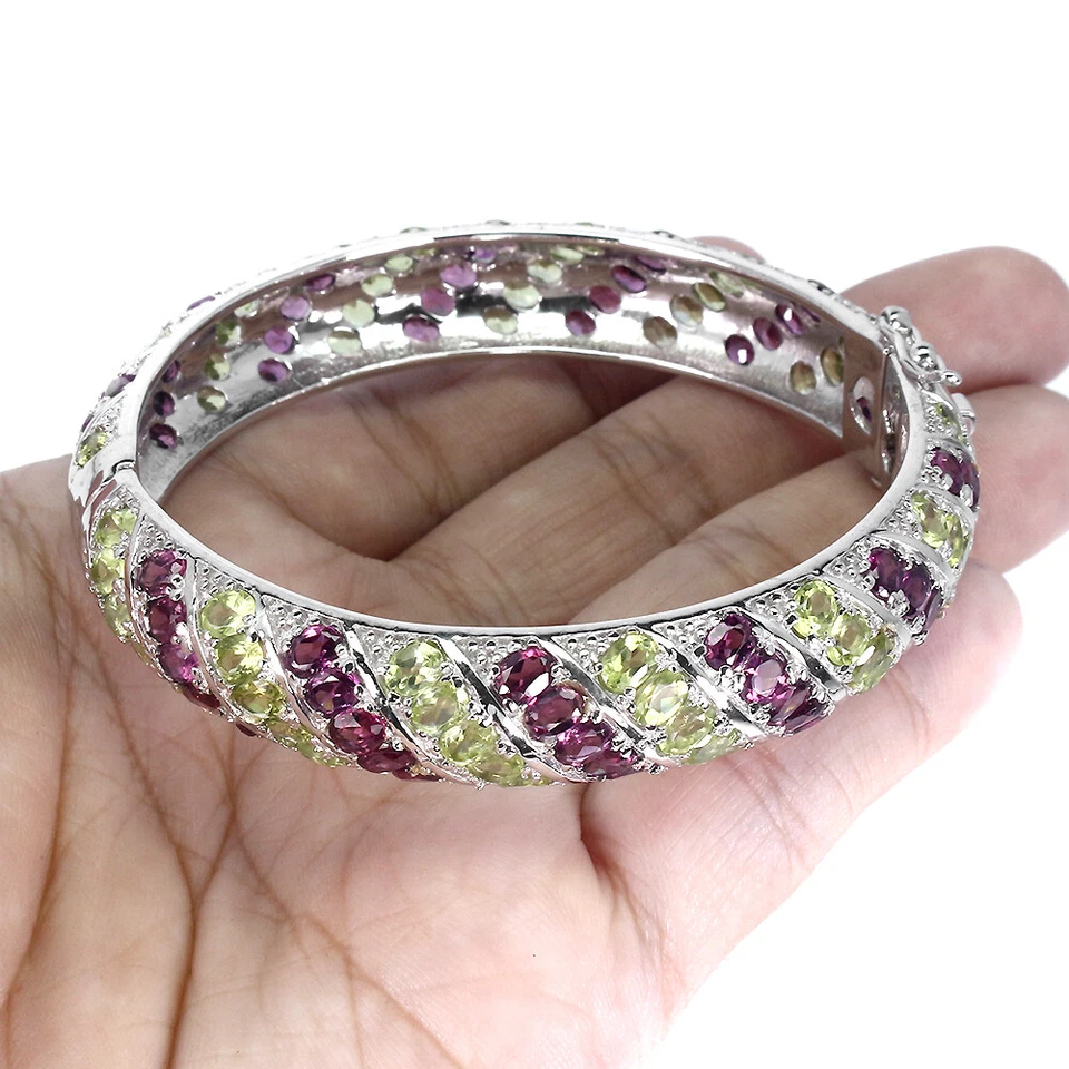 925 Sterling Silver Bangle Oval Rhodolite Peridot Natural Gemstone Jewelry Gift - Image 3 of 4
