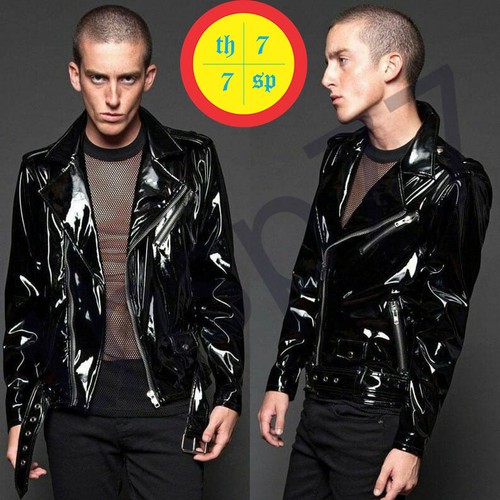 Men Gothic Black Fetish Vinyl PVC Motorcycle Jacket Punk EMO Stylish Biker Upper