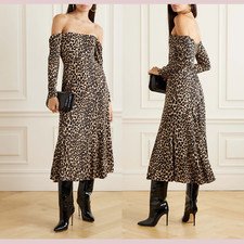 NEW REFORMATION [ 6 ] Ballari off the Shoulder Leopard Crepe Midi Dress #T1925