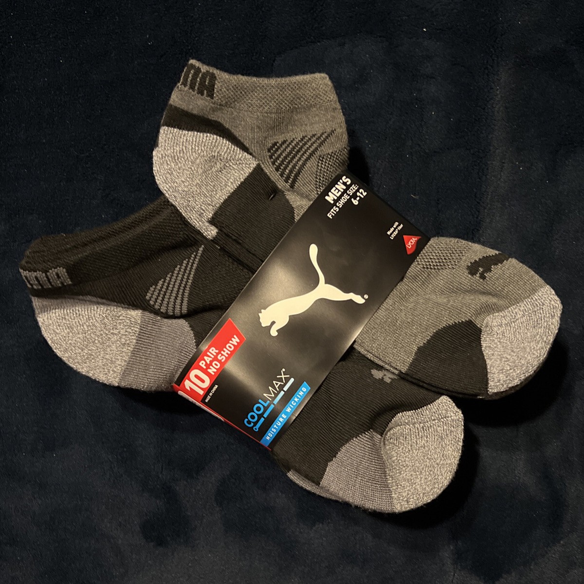 10 Pairs Puma Men's No Show Socks Black Gray Shoe Size 6-12 Cool Max  Coolmax