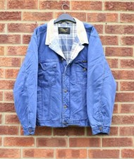 Vtg Blue Denim Wrangler Jacket Coat Thick Chunky White Checked Flannel Bomber L
