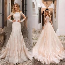 Champagne Mermaid Wedding Dresses Lace Appliques Long Sleeves Tulle Bridal Gowns
