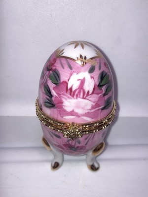 Formalities By Baum Brothers Pink Floral Egg Trinket Box w/ Hinged Gold Trim