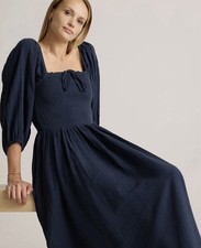 Quince 100% Organic Cotton Gauze Midi Dress Indigo Blue XS Smocked Balloon Slee…