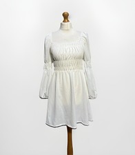Boohoo Mini Dress Size UK 10 Petite White Ruched Boho Prairie Square Neck BNWT