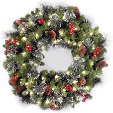 24 Inch Christmas Wreath with Warm Lights, Artificial Pre-Lit Christmas Wreat...