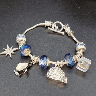 Winter Wonderland Charm Bracelet Igloo Penguin Ice Cube Blues Silver Tone 7-7.7''