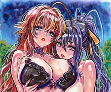 Original Painting A4 Rias Gremory & Akeno Himejima High School dxd Anime Fan Art
