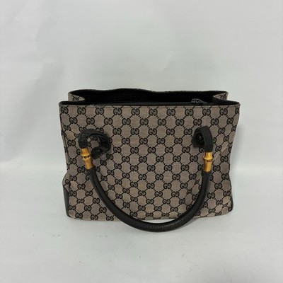 Gucci GG Monogram Canvas Bamboo Handle Tote Bag Black Leather Beige Italy