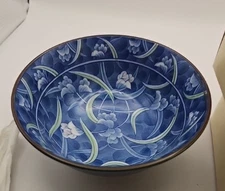 Mino Yaki Rice Noodle Bowl Japanese Blue Floral Green Leaves