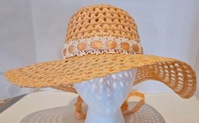 Vintage Orange Wide Brim Women  s Straw Hat w/Ribbon / Lace Womens Sun Hat EUC