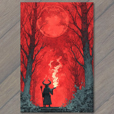 POSTCARD Horned Figure Red Moon Forest Fire Ritual Dark Fantasy Occult Gothic