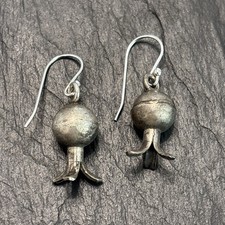 Navajo Handmade Squash Blossom Dangle Hook Earrings Sterling Silver Statement M7