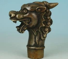 Asian tibet Old Hand Carved Dragon Statue unicorn Bronze Walking Stick Head