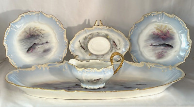 LIMOGES FISH SET WITH 12 PLATES CA. 1900 MINT ARTIST SIGNED A. WALKER...THE BEST