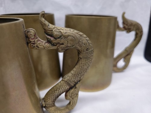 Vintage Dragon Handled Brass Beer Tankards Steins Mugs Set Of 6 1950s - Picture 6 of 22
