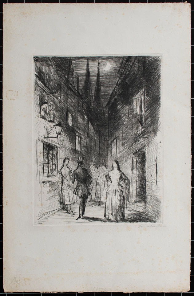 Hans Meid Impressionismus Straßenszene Nacht Menschen Gespräch Radierung 20 Jhd - Bild 2 von 4
