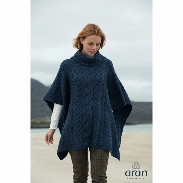 Aran Cable Knit Poncho Irish Merino Wool Cowl Neck Pullover Warm Soft Comfy