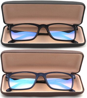 Blue Ray Blocking Reading Glasses Rectangular Frame Metal Spring Temple w/ Case