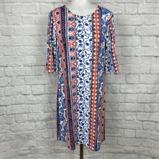 Alexandra + Oak Women's Small Shift Dress Blue Orange Floral Stretch 3/4 Sleeve