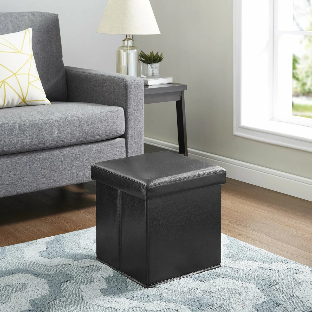 MAINSTAYS ULTRA COLLAPSIBLE STORAGE OTTOMAN BLACK FAUX LEATHER eBay