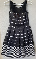 Womens Taylor Black & White Stripe Dots Sheer Open Back  A Line Dress Size 2 EUC