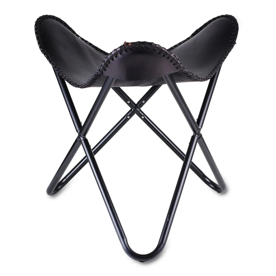 Handmade Black Leather Butterfly Chair Footstool Rest Butterfly Folding Stool - Image 2 of 4