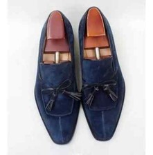 New Navy Blue Handmade Suede Formal Tassels Moccasins Dress Shoes For Mens