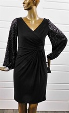 New Adrianna Papell Black Ruched Front Sequin Arm Dress sz 8