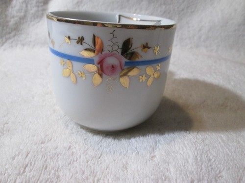 Antique MUSTACHE CUP White Porcelain Gold Trim Flower Blue Stripe - Picture 2 of 7