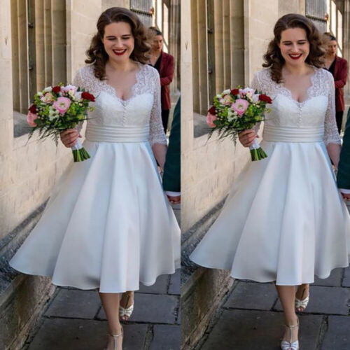 Elegnet Short Wedding Dresses Tea Length Mid Calf Lace Satin Long Sleeves V Neck - Picture 1 of 9