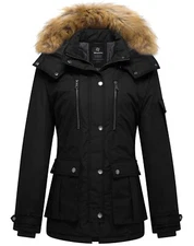 Wantdo Womens Winter Military Coat Thickened Quilted Jacket Removable Fur Hood