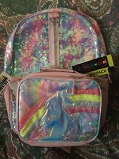 UNICORN Sequin 17  RAINBOWS Backpack Laptop School BAG w/Kids Lunch Box NEW Set