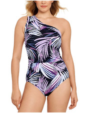 SWIM SOLUTIONS Printed Tummy Control One Shoulder One Piece Swimsuit sz 16