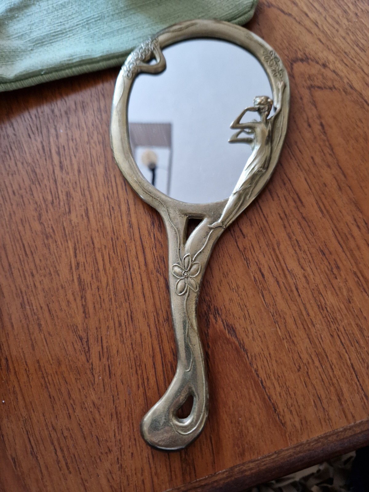 Vintage brass hand held mirror with 3d Woman figure, Art Nouveau, VG