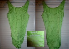 SATARA Gymnastics Dance Leotard Lime Green w Silver Swirls Juniors M 12 USA made