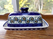MANUFAKTURA W. BOLESTAWCU POTTERY BUTTER KEEPER/CHEESE & LID HANDMADE IN POLAND
