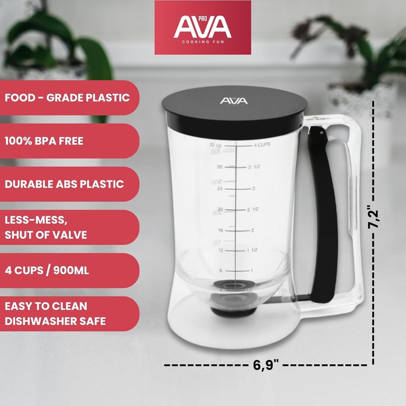 Pancake Batter Dispenser - 900ML, 4 Cups Capacity, BPA Free, Durable & Easy to C