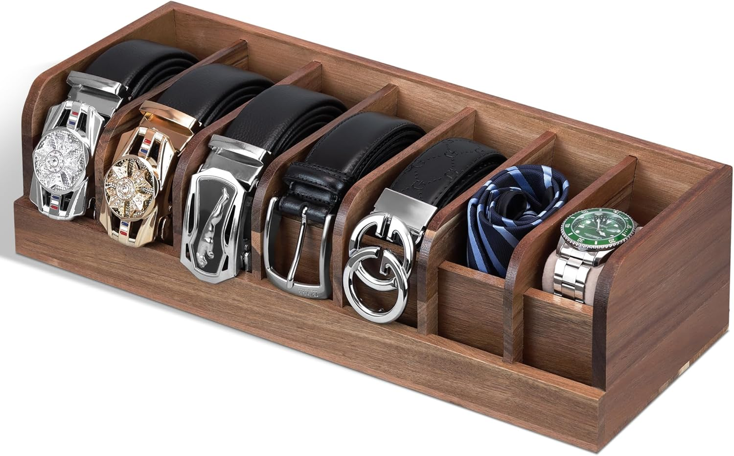 Acacia Wood Belt Organizer with 7 Compartments for Closet or Drawer-image