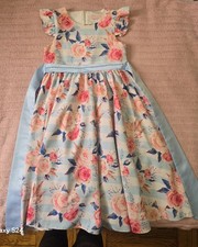 Girls Fit  Flare Floral Long Dress Pink Blue Ruffle Sleeves Party Formal