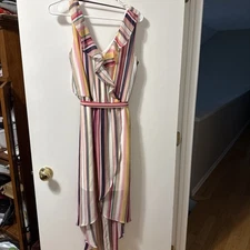 $60 BCX Juniors' Women's Pink Sleeveless Striped Ruffled HI-Low Dress Size L