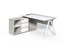 Image of Modern Corner Office Desk with Metal Leg and Desktop Power White & Beige Oatmeal