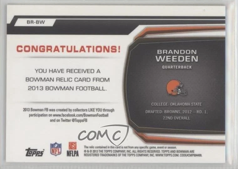 2013 Bowman Relic Blue /99 Brandon Weeden #BR-BW - Image 2 of 2