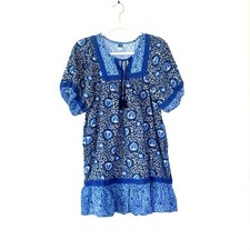 Old Navy Puff Sleeve Peacock Swing Mini Dress Blue Printed Cotton Poplin S $50